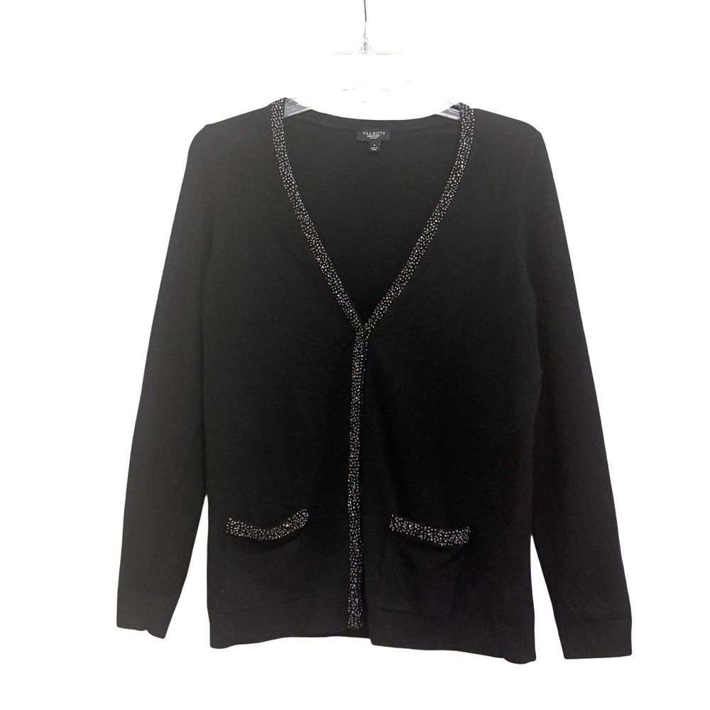 Talbots Petites Black Beaded Trim Lambswool Angora Cardigan Sweater Size P XS